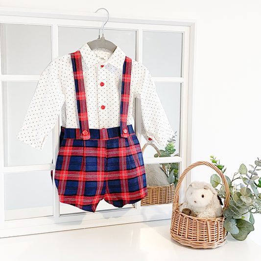 Ivan red and navy tartan brace shorts and shirt