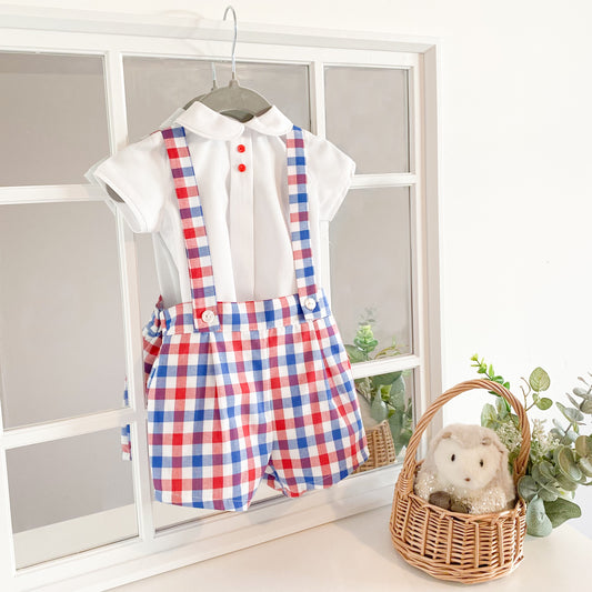 Asher red and navy gingham brace shorts and shirt