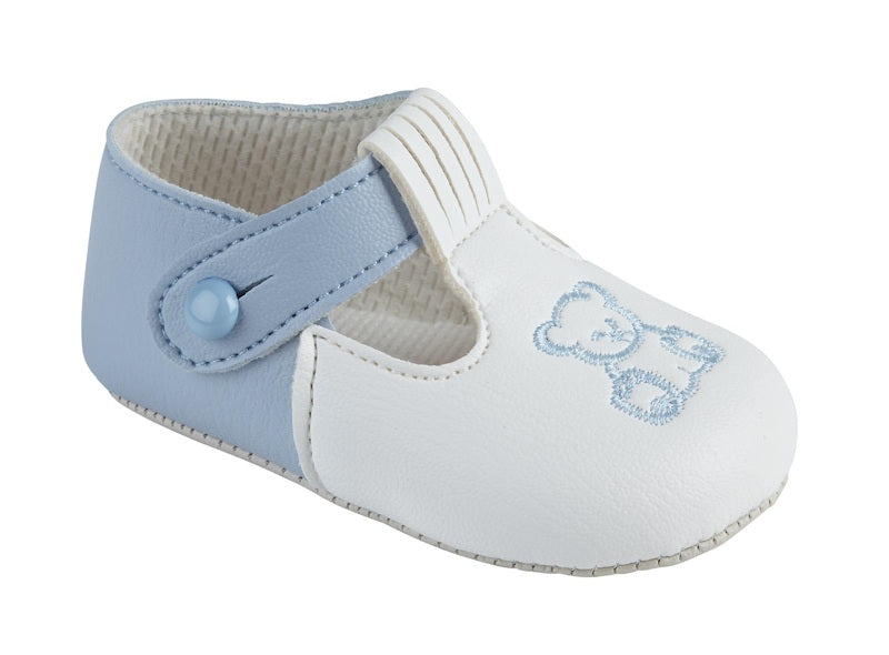 Sky blue and white pre-walker teddy embroidered shoes