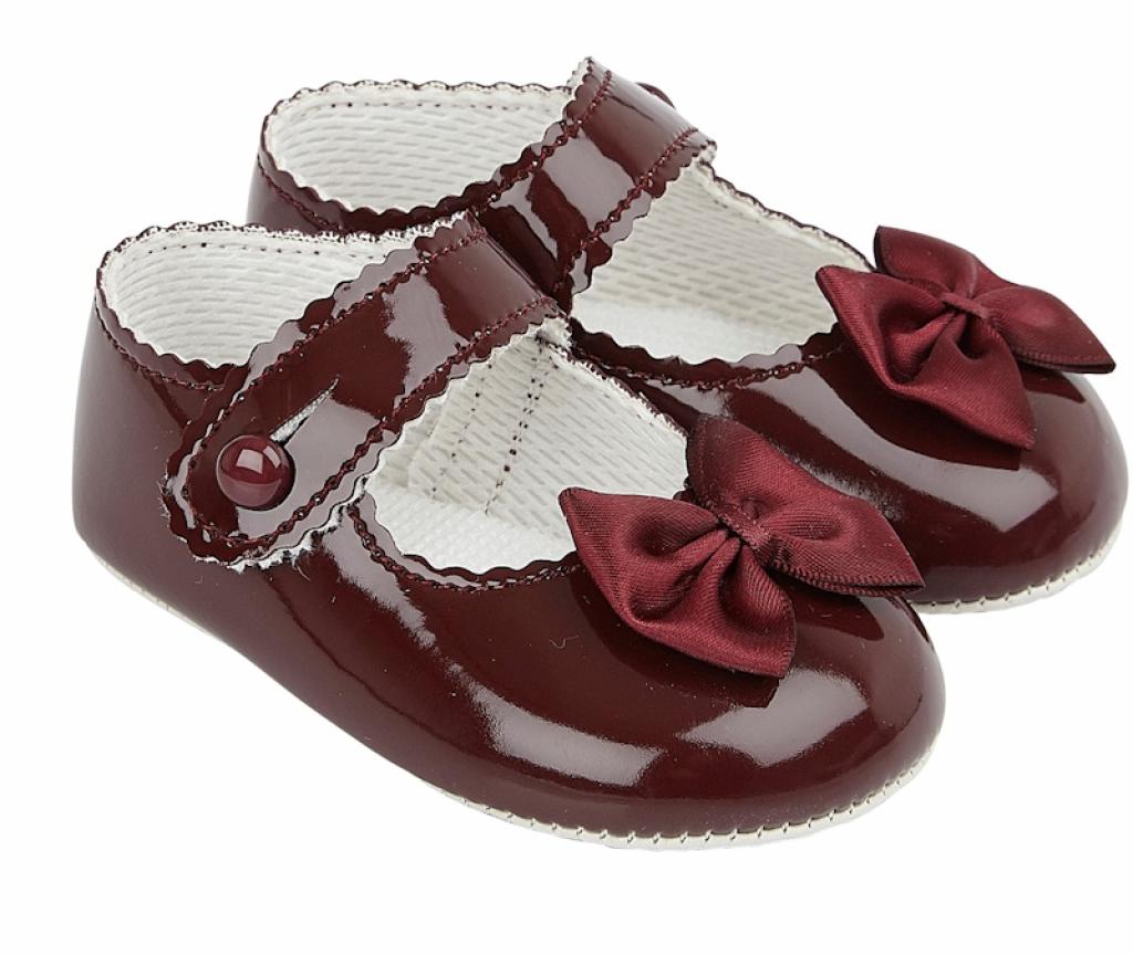 Burgundy patent bow pre-walker shoes