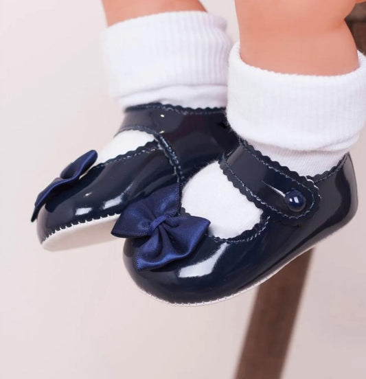 Navy patent bow pre-walker shoes