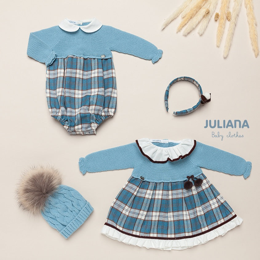 Blue checked headband with pom pom