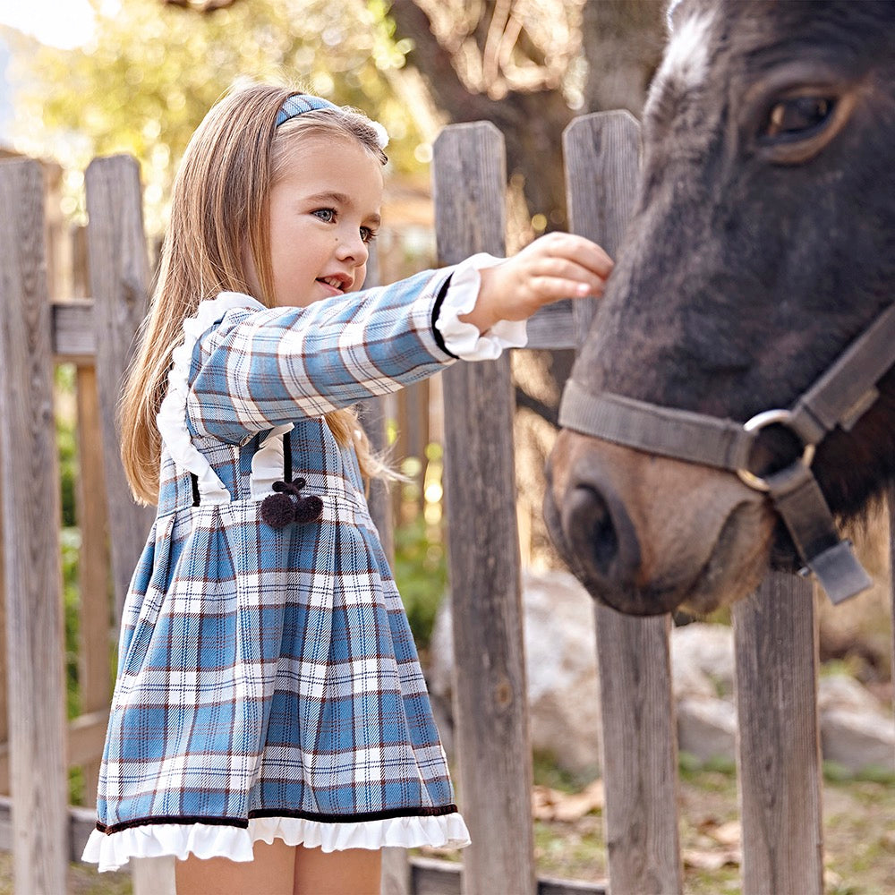 Beatriz blue checked pom pom dress