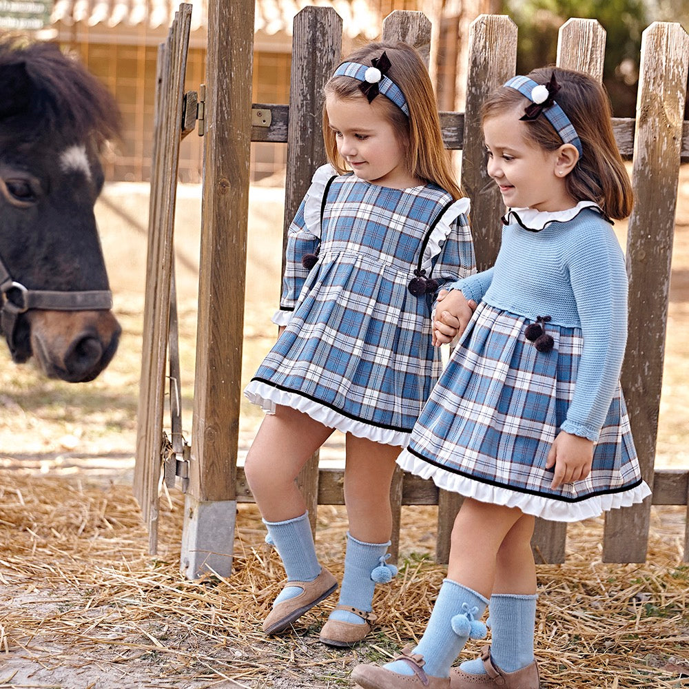 Beatriz blue checked pom pom dress