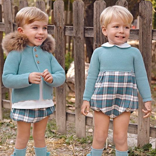 Pedro blue half knit and checked romper