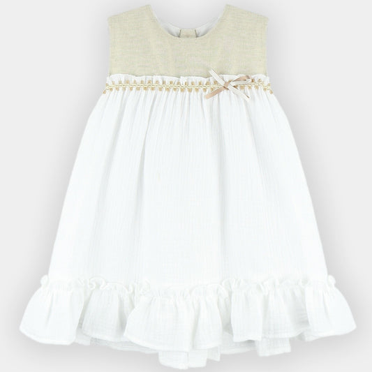 Nelly beige and white linen dress