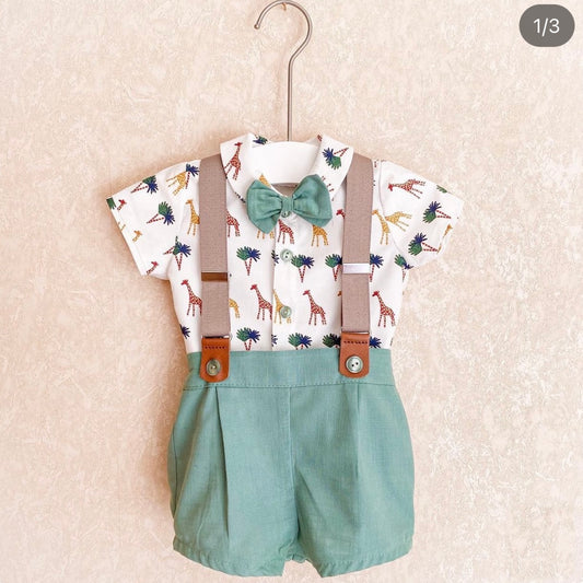 Ezra green jungle print brace shorts and shirt
