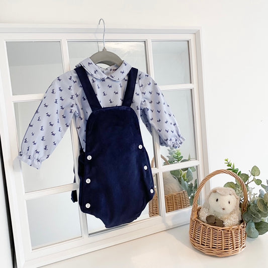 Luca navy romper with dog print shirt