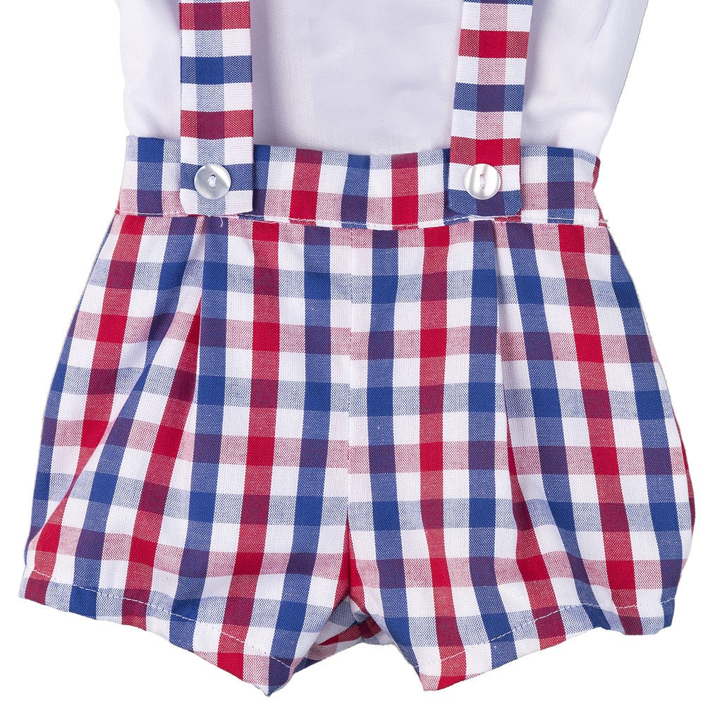 Asher red and navy gingham brace shorts and shirt
