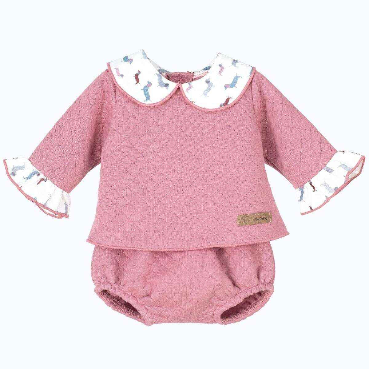 Olivia pink sausage dog print blouse and bloomers