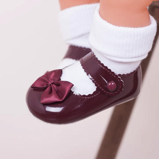 Burgundy patent bow pre-walker shoes