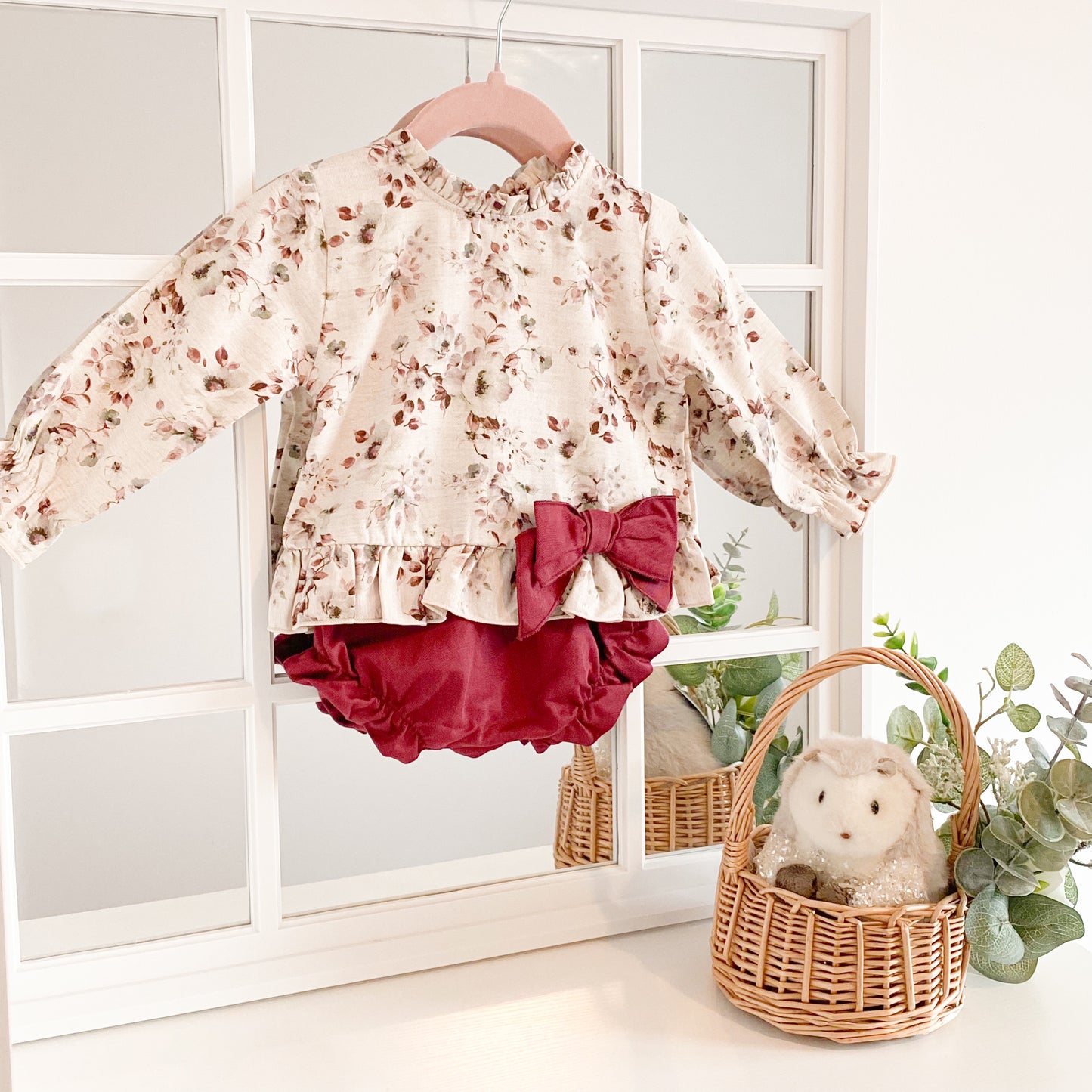 Iris beige and maroon floral top and bloomer set