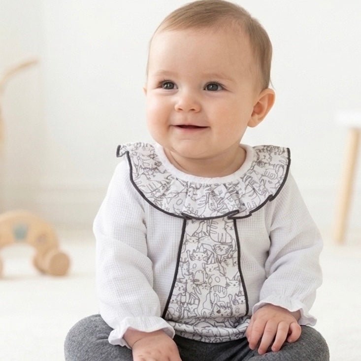 Chloe grey and white ruffle collar baby outfit