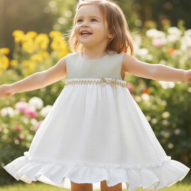 Nelly beige and white linen dress