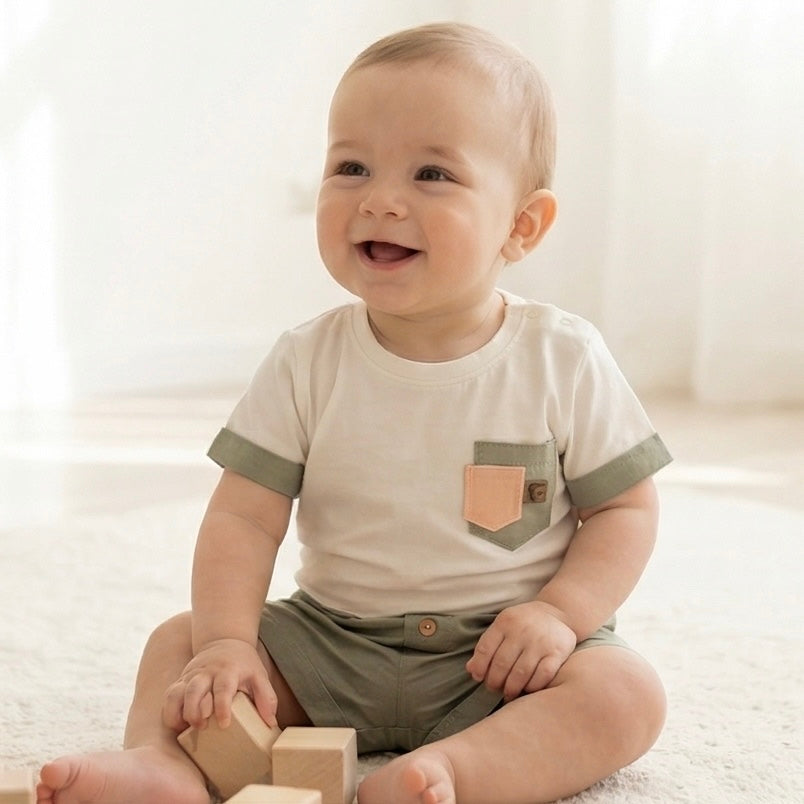 Hunter khaki green t-shirt and shorts outfit