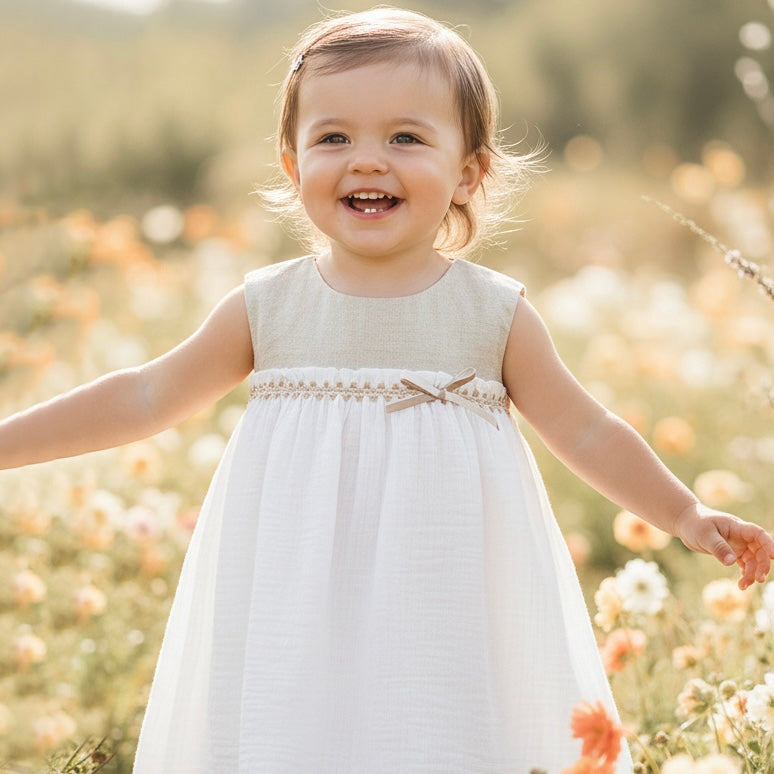 Bella beige and white linen dress