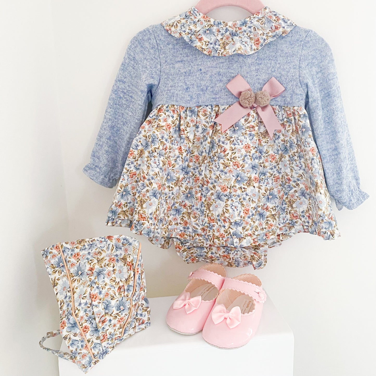 Alora light blue half knit bow dress set